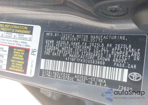 2012 Toyota Camry Le from USA, damaged, VIN 4T1BF1FKXCU583868